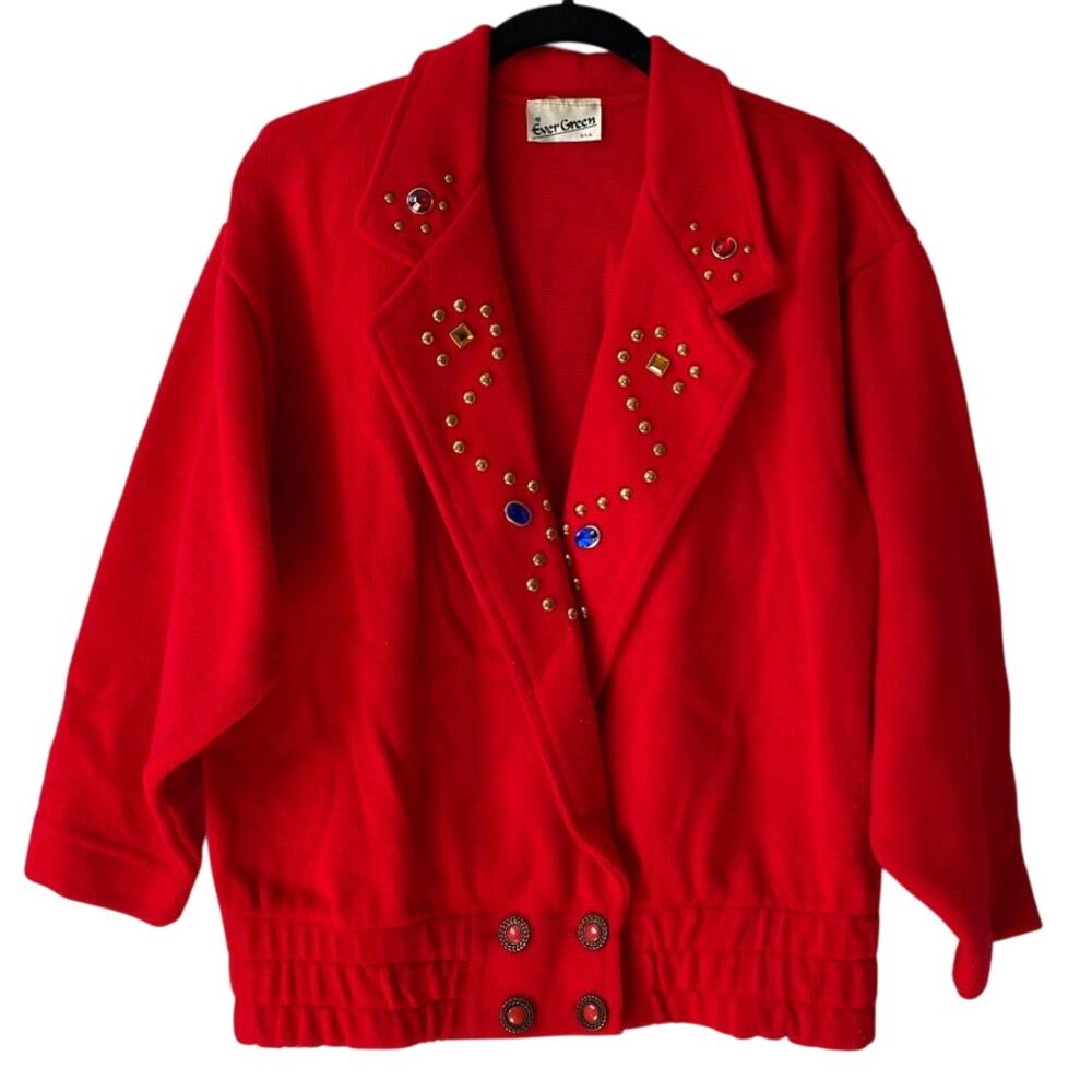 Evergreen Wool Vintage Red Retro 80s Jewel Rhinestone Studs Cardi Sweater Size M